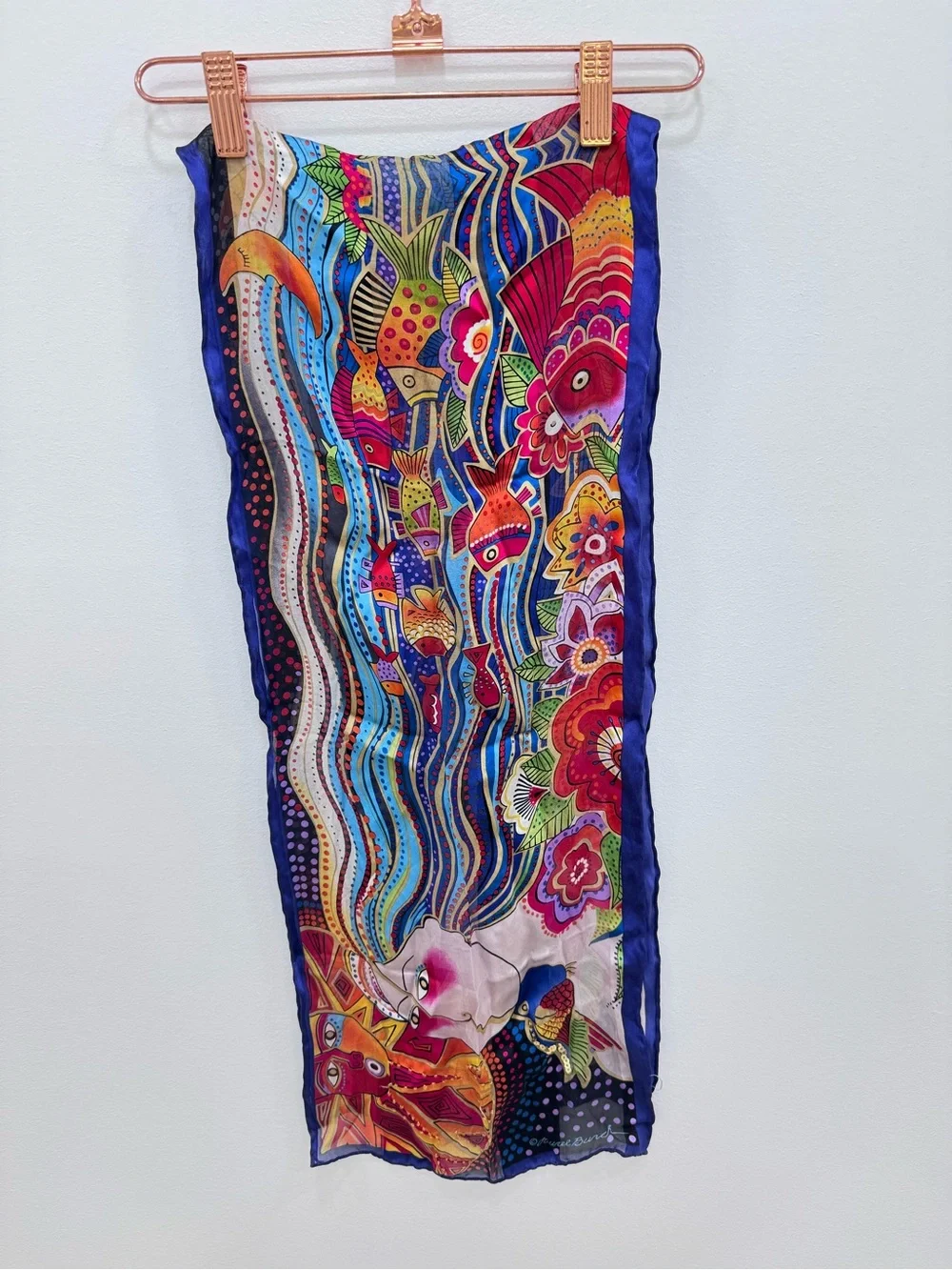 Vintage Laurel Burch silk scarf colorful fish birds beads & sequins mermaids